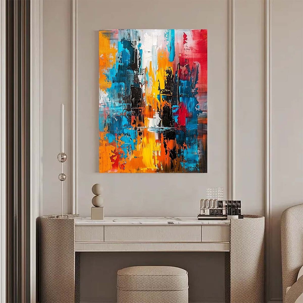 Hand Painted Abstract City Painting On Canvas Acrylic Art landscape Orange Red