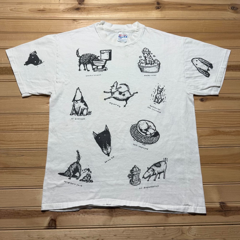 Vintage 90s Hanes Studio Roja Dogs Pets All Over Print Graphic T-Shirt USA Large