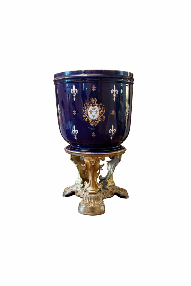Antique Cobalt Blue Porcelain Planter w/ Ornate Bronze Base Fleur-de-Lis & Crest