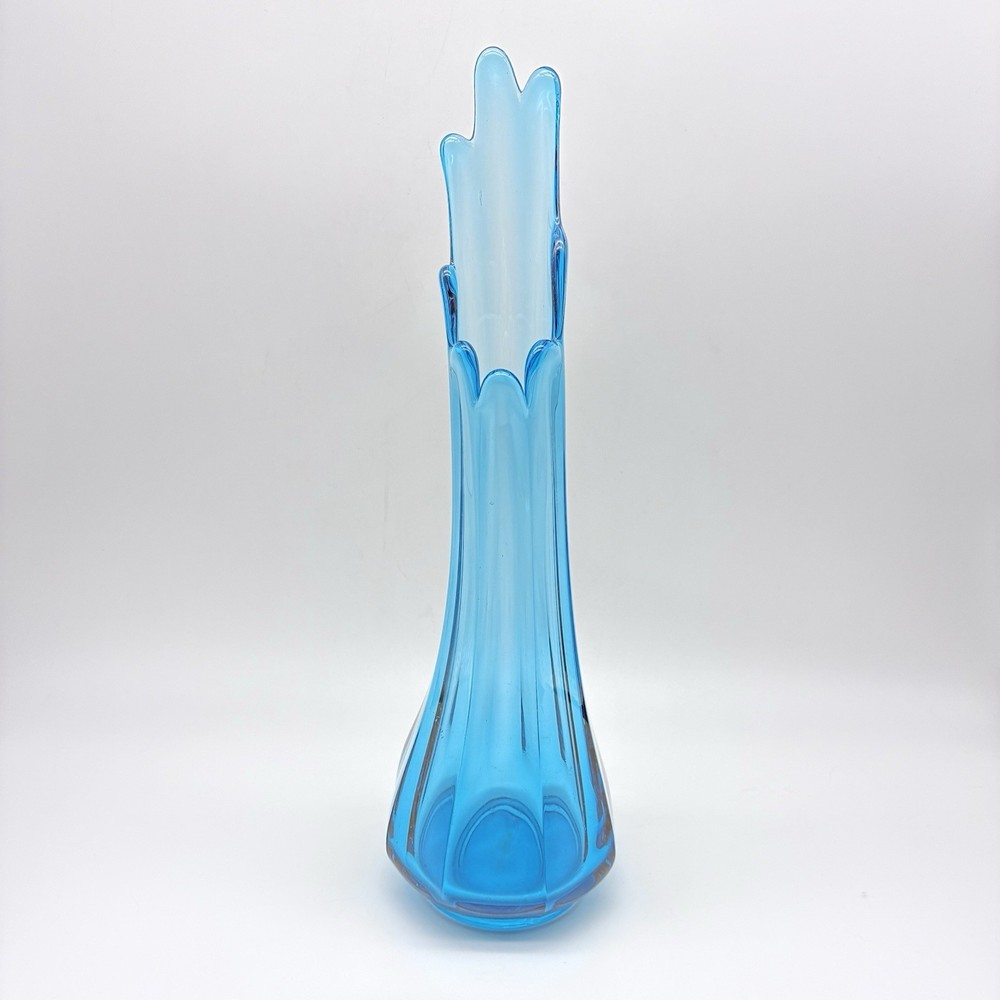 Vintage L.E. Smith Peacock Blue Ribbed Swung Vase 13.5” Flat Bottom