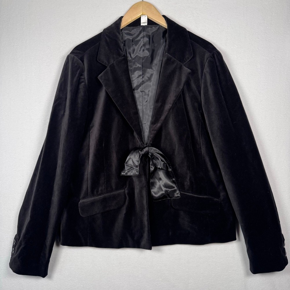 Old Navy Y2K Velvet Womens Blazer Black Belted Bow Solid Crop XL Academia Career
