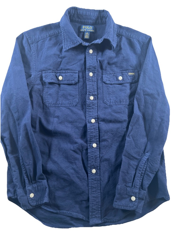 Ralph Lauren Polo Flannel Shirt Boys Medium 10/12 Navy Blue Solid Long Sleeve