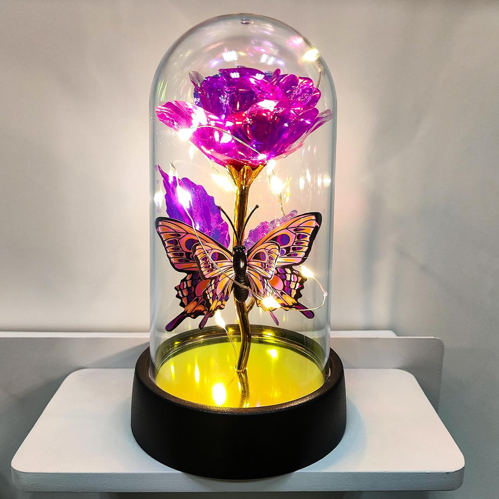 Glass Rose in Glass Dome, Light Up Flower, Eternal Roses - Valentines Day Gifts