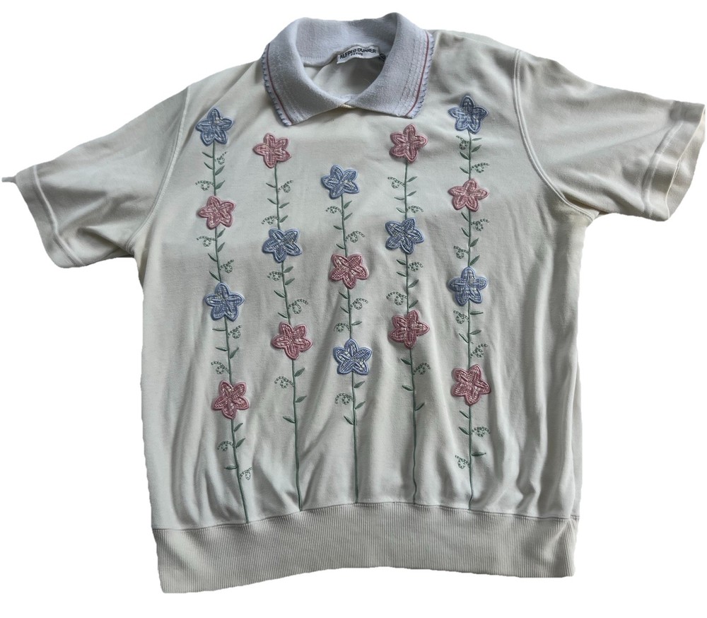 Vintage Alfred Dunner Ivory Knit Sweater Top Short Sleeve Floral Embroidery PM