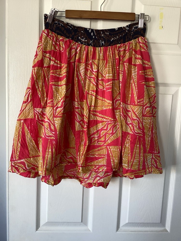 Anthropologie Vanessa Virginia Sz 8 Geometric Crinkle Cotton Skirt Smocked Waist