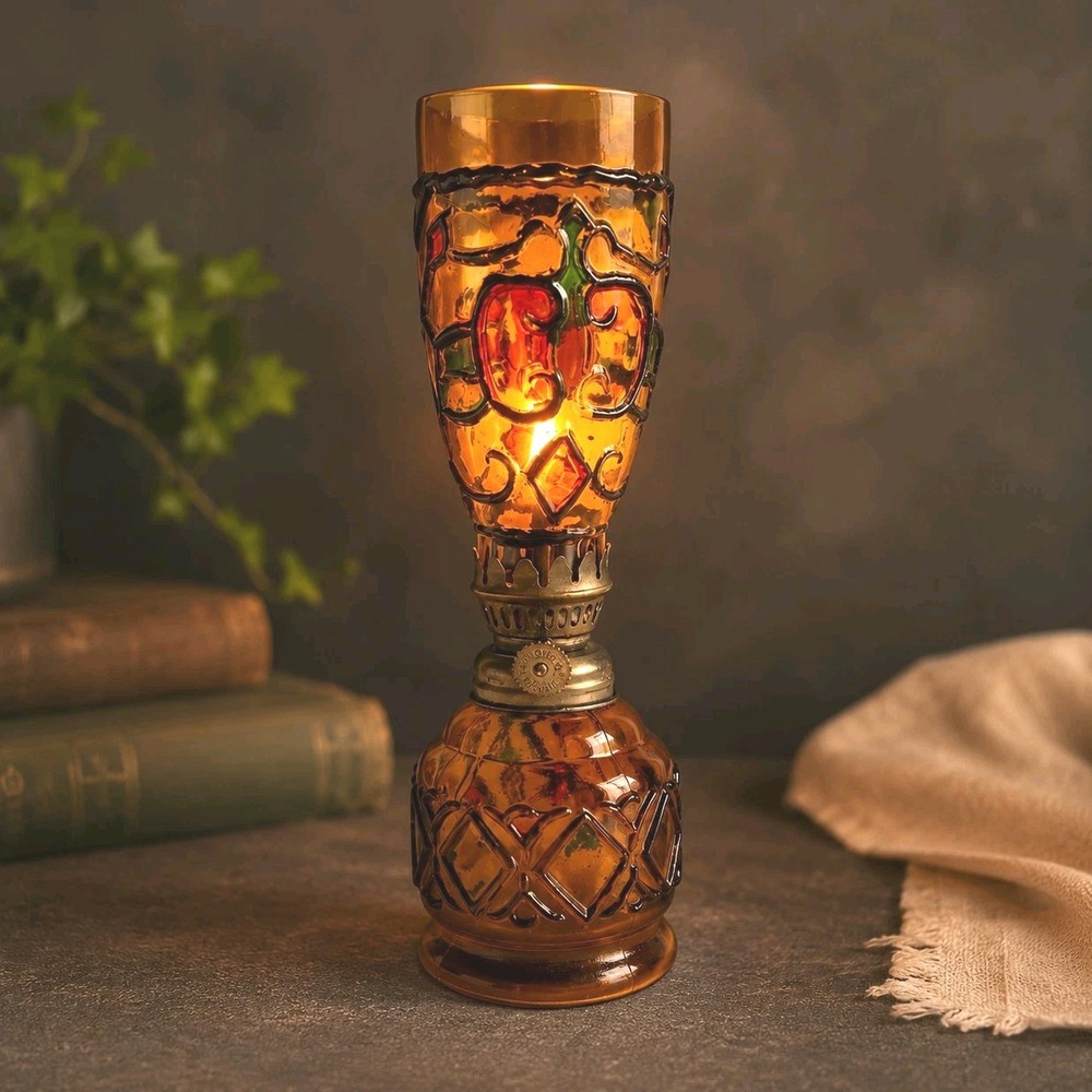 Vintage Sailboat Brand Amber Glass Mini Oil Lamp Enamel Overlay Hong Kong 8.5”