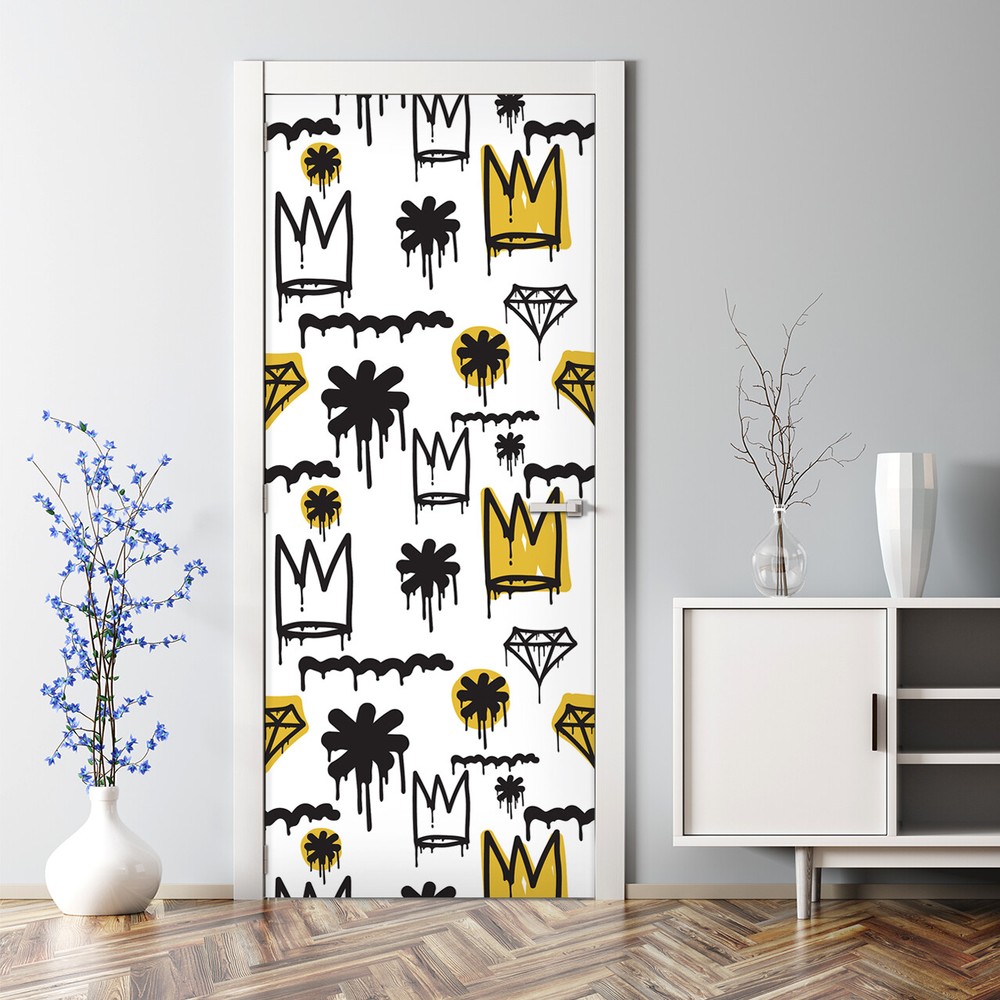 Graffiti crown Bubble Free Door sticker black and yellow Decal Decor wall art