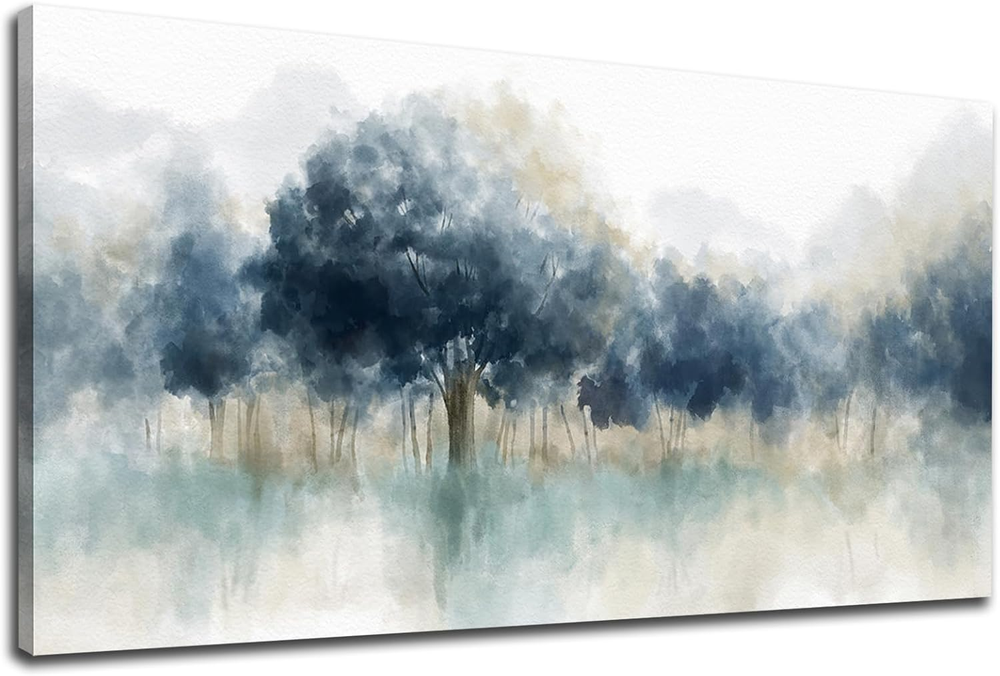 Foggy Forest Canvas Wall Art - Indigo Blue Abstract Trees Pictures for Wall Deco-image