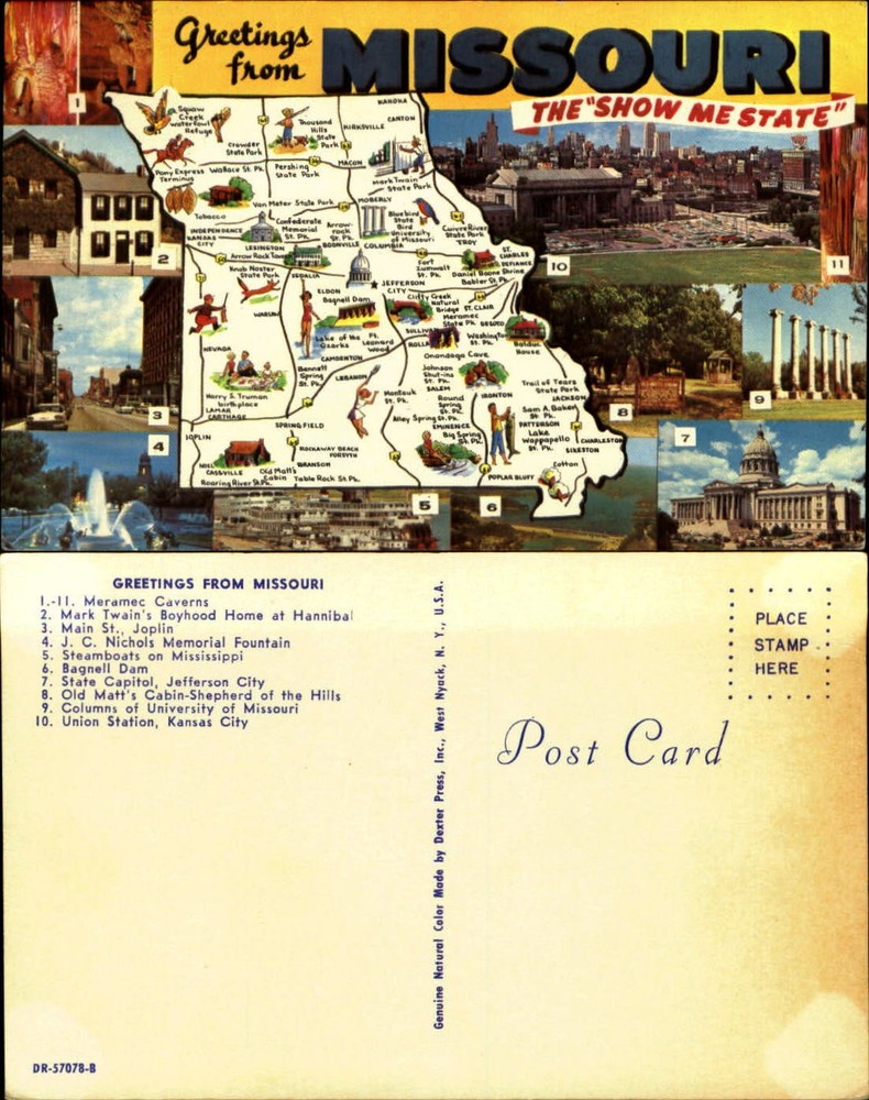 Greetings from Missouri The Show Me State map postcard chrome Dexter Press