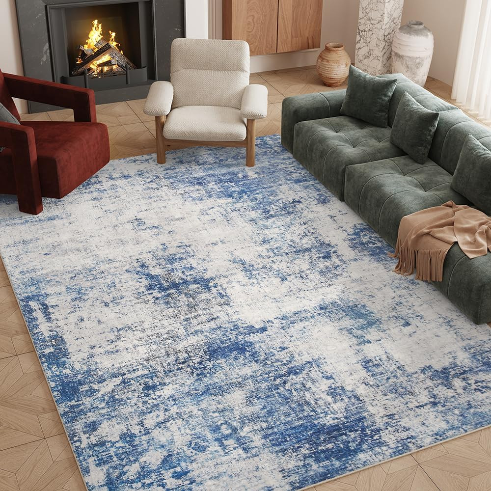Modern Abstract Area Rug 8X10 Washable, Blue Gray Non-Slip Low Pile Carpet for L