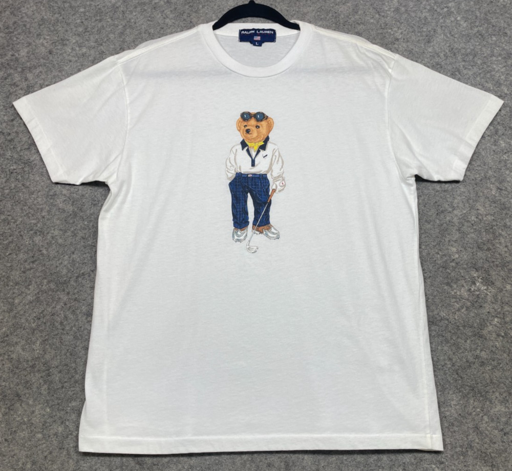 Vintage Ralph Lauren Polo Sport Bear Shirt Mens L White Golf Single Stitch USA