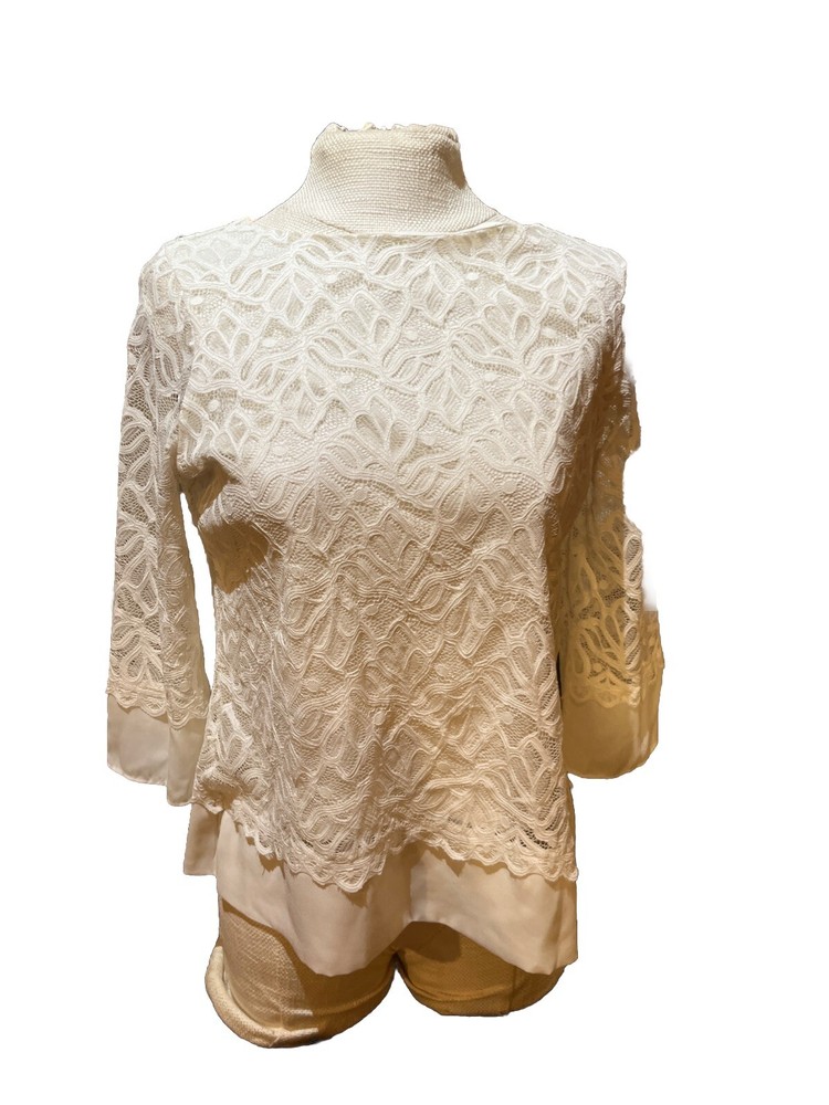 Women's CHARTER CLUB Ivory Lace Top Size PL Lined Stretch Nylon 3/4 Sleeve