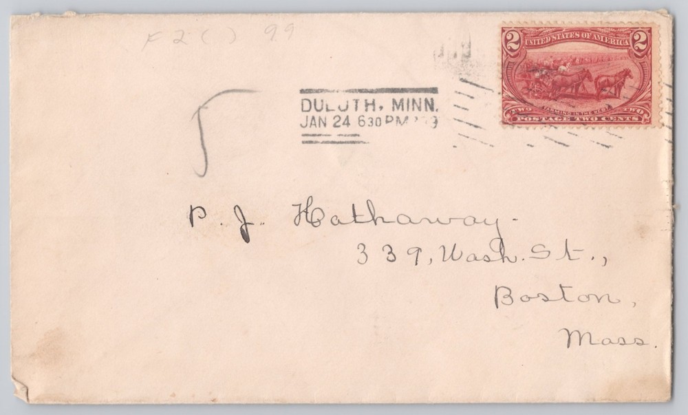 Duluth, Minn undivided-back mailed to Boston, Mass Jan 24, 1899, 2c stamp US