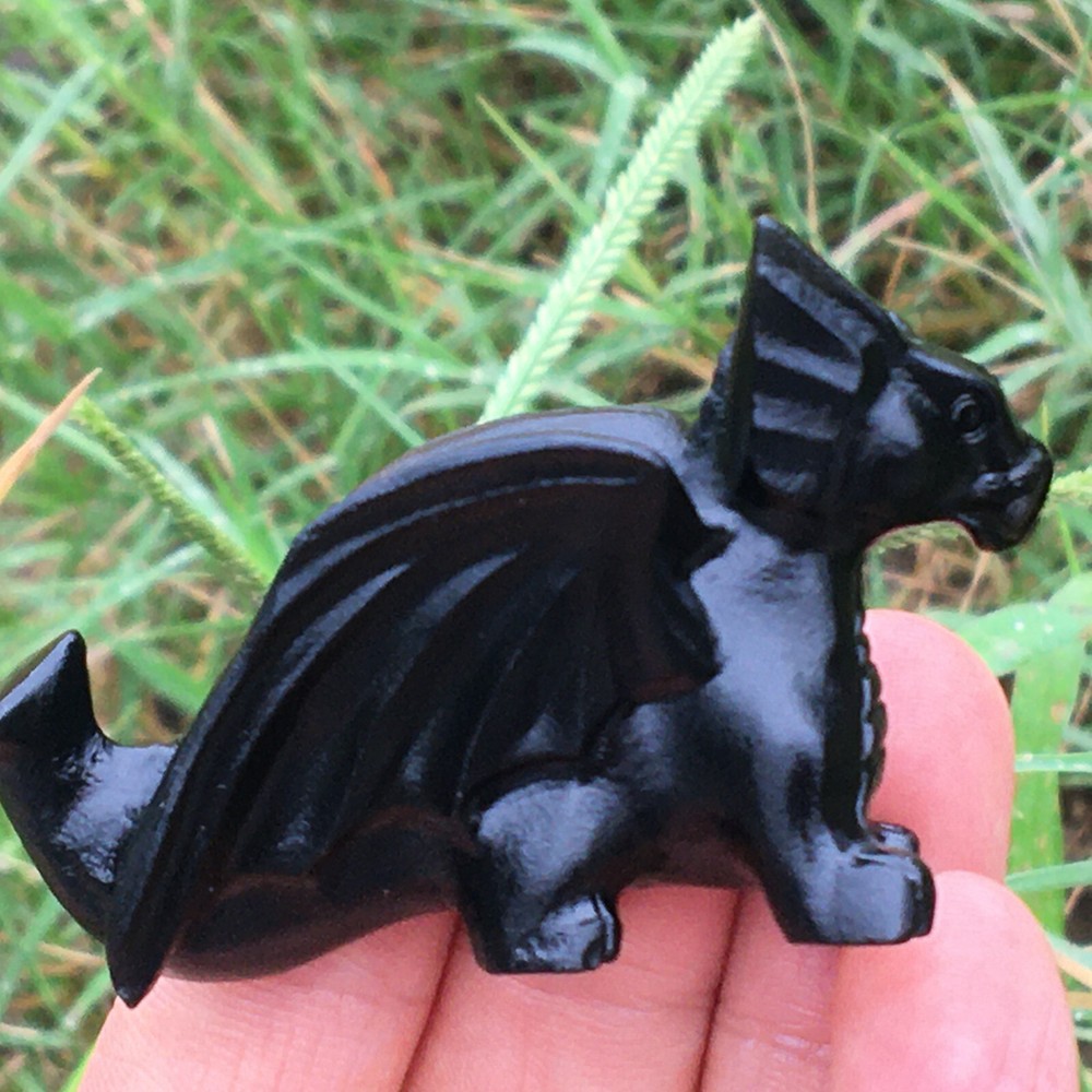Top 2”+ Natural Obsidian Quartz Dragon Carved Crystal for Reiki Healing 1PC