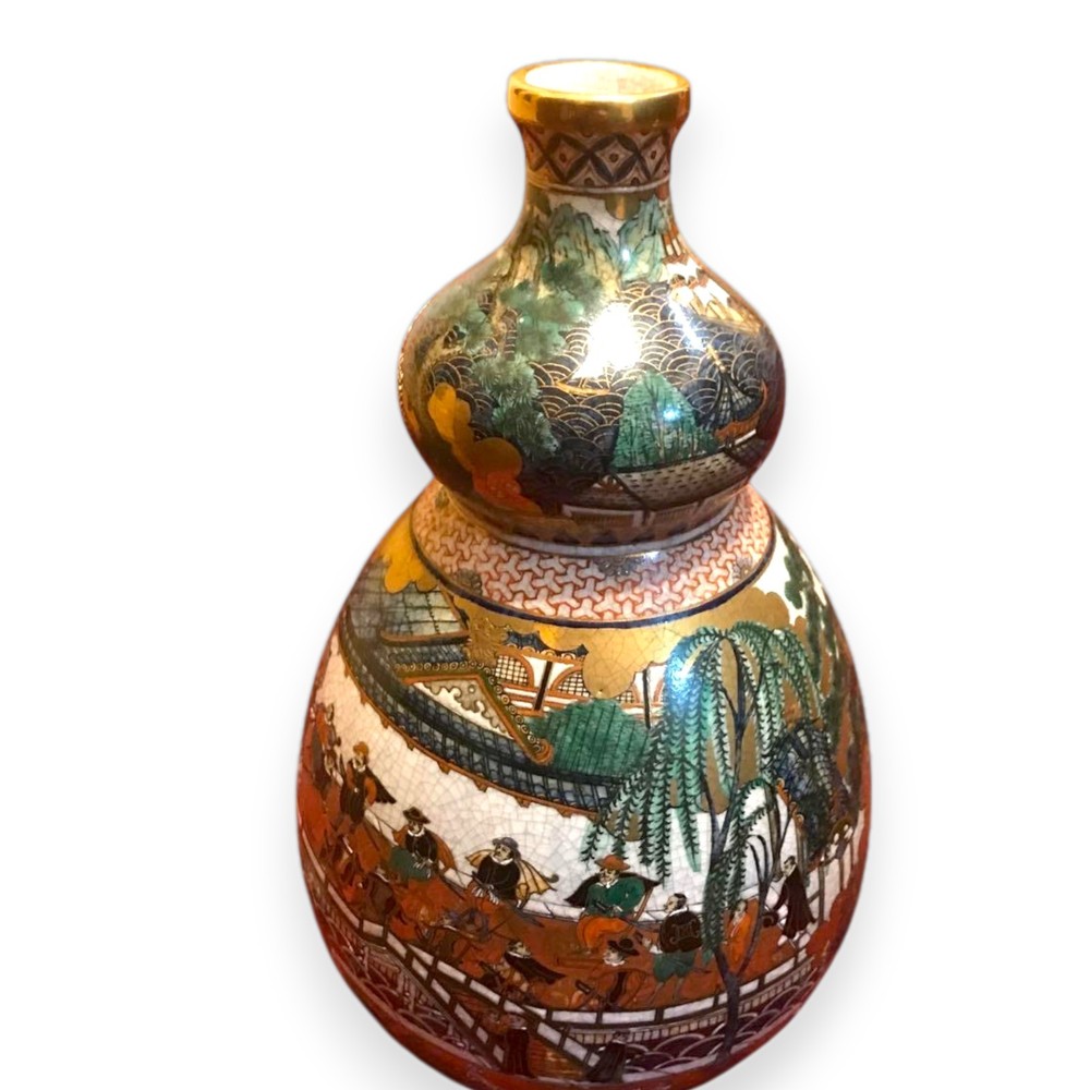 Satsuma Pottery Vase Signed Japanese Antique Ceramic Vessel Landscape 12.2 inch