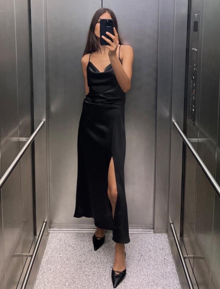 Zara Satin Black Midi Dress NWT Size S