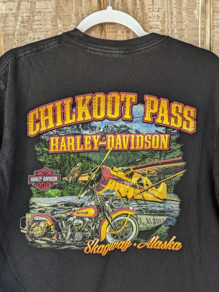 HARLEY-DAVIDSON Vtg CHILKOOT PASS ALASKA Black Graphic T-SHIRT Men's L