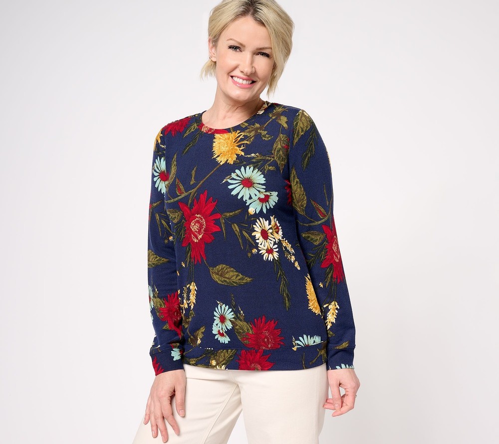 Denim & Co. Women's Top Sz 2XS (XXS) Printed Heavenly Jersey Round Blue A642162