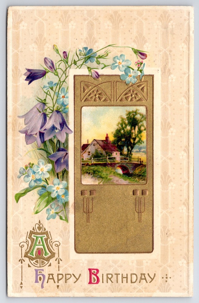 Greetings~Happy Birthday~Country Scene Inset~Violets~Winsch PM 1909 Postcard