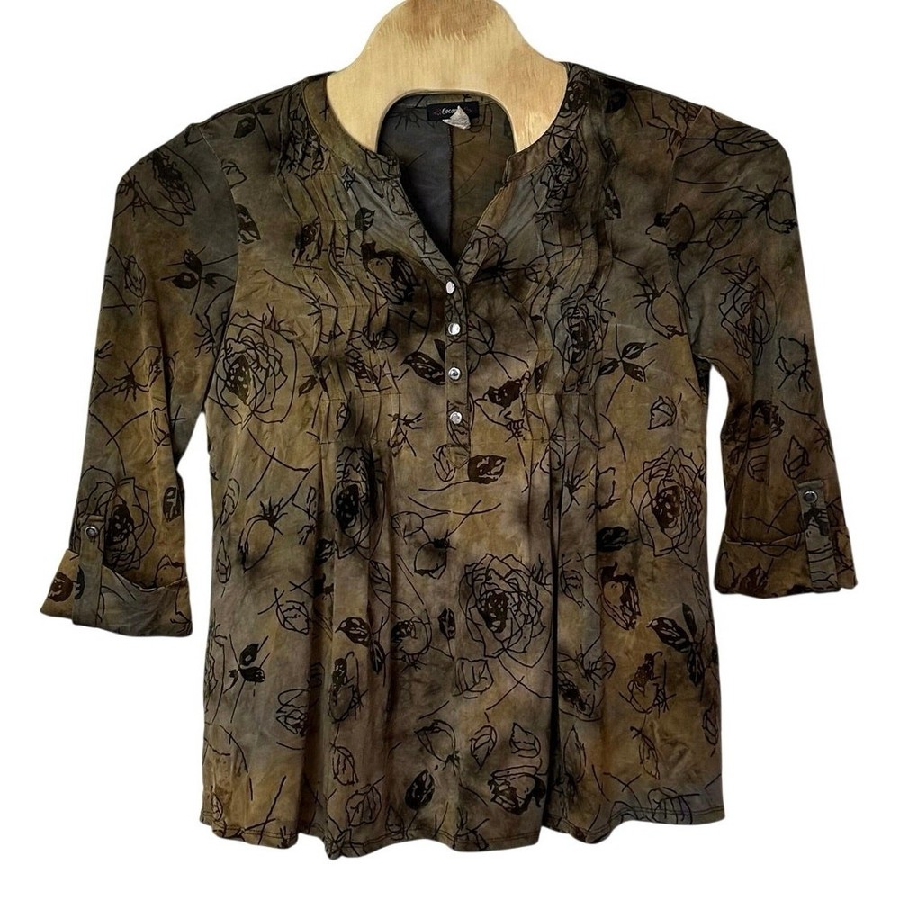Cocomo Womens 3/4 Roll Tab Sleeve Tunic Blouse Size M Velvet Floral Boho Earthy