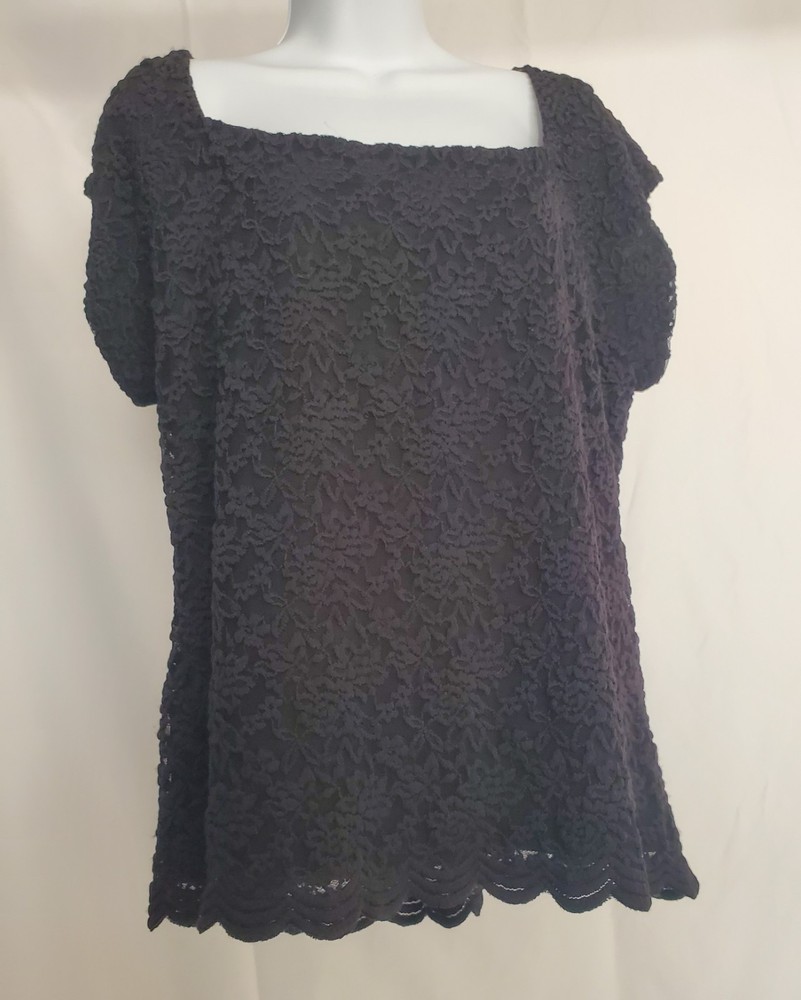Coldwater Creek Black Lace Blouse Top Plus Size 1X 16W 18W Scalloped Hem