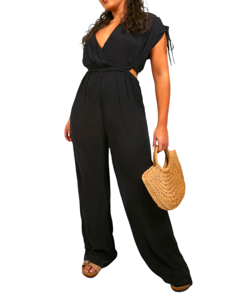NWT Boohoo Plus Gathered Tie Sleeve WIDE LEG JUMPSUIT Cut-Out Sides V-Neck US-22