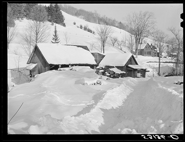 Photo:Woodstock Vermont 1940 Snowy Farm Path Barns Winter Landscape