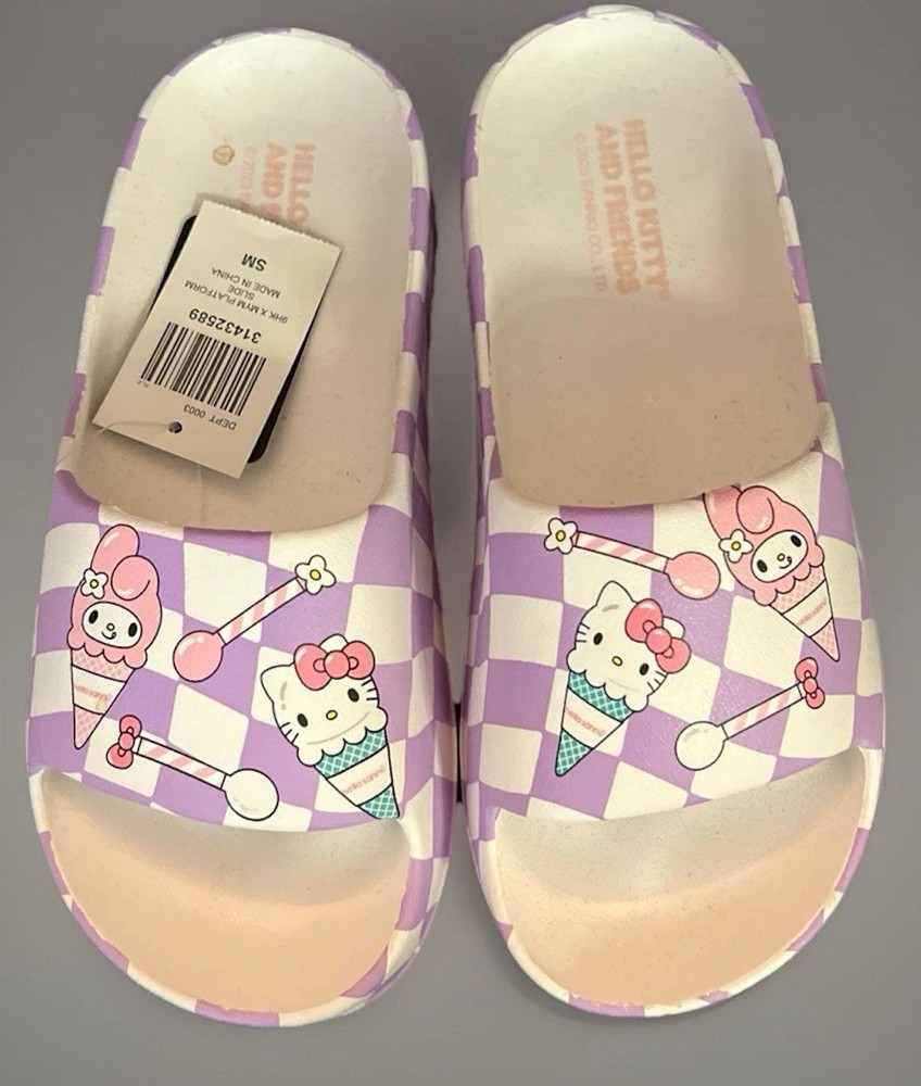 Sanrio Hello Kitty Ice Cream Slide Sandals Purple Checkerboard Super Cute Small
