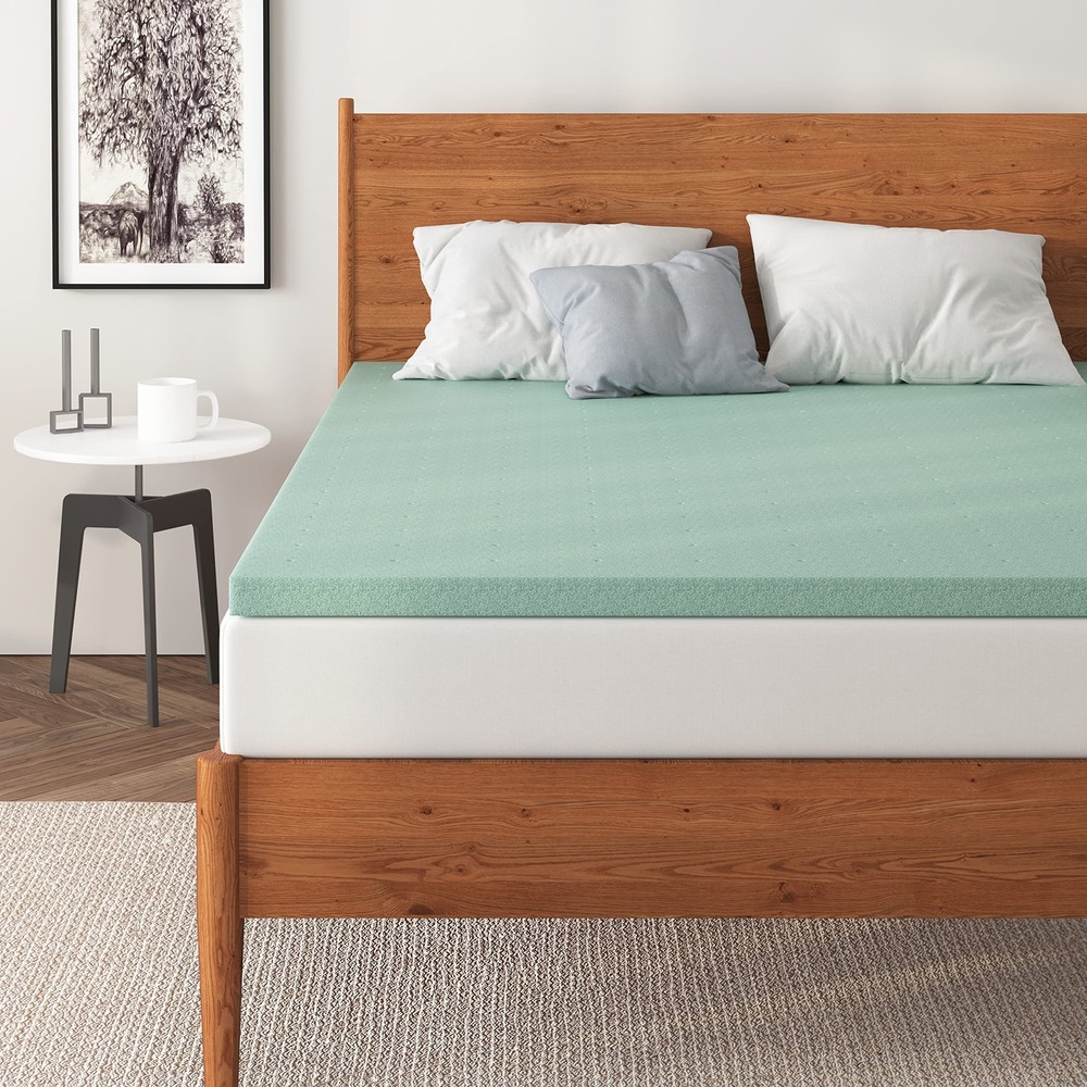 1.5 Inch Ventilated Green Tea Memory Foam Mattress Topper, Chic Green, CertiP...