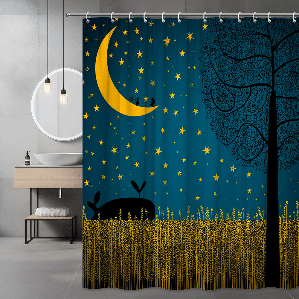 Moon and Stars Shower Curtain, Night Sky Tree Silhouette Design