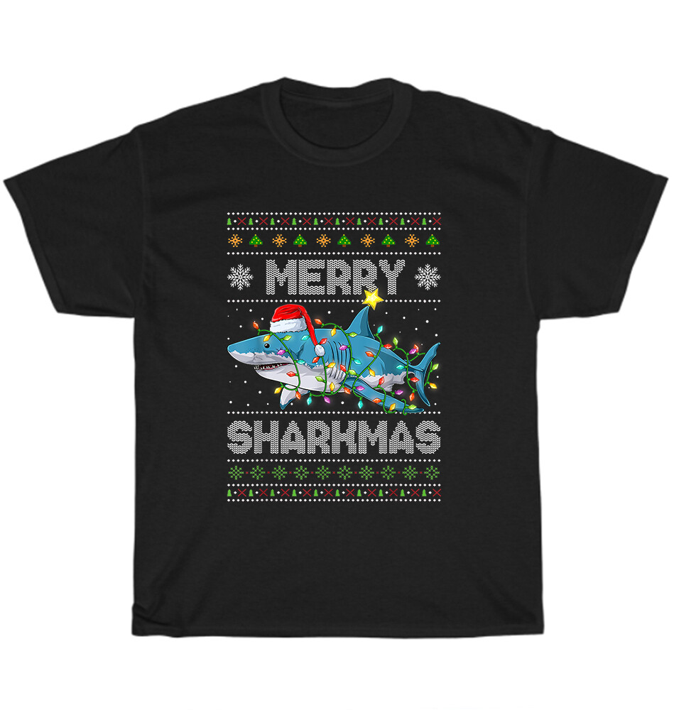 Merry Sharkmas Shark Santa Ugly Christmas Lights Xmas T-Shirt
