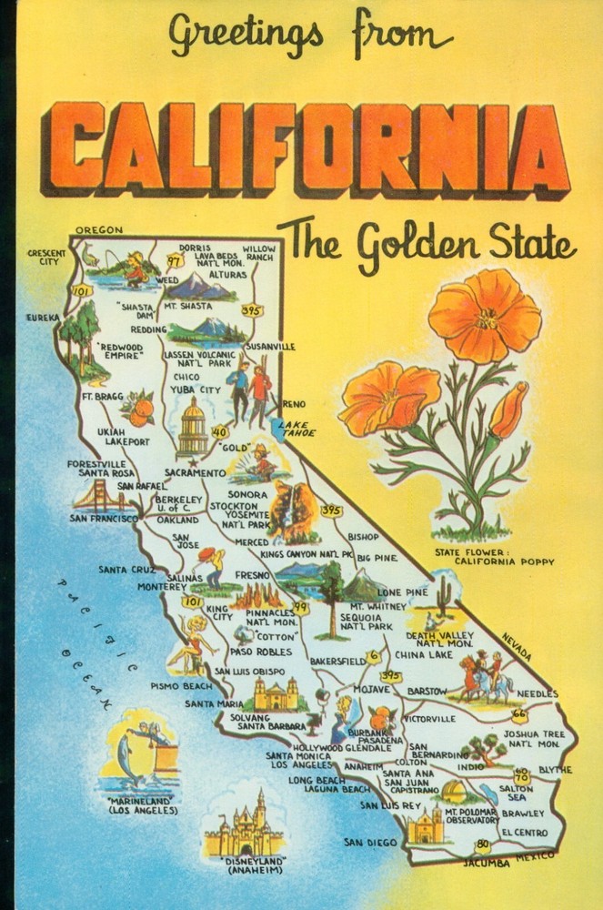 Greetings From California The Golden State Postcard Map