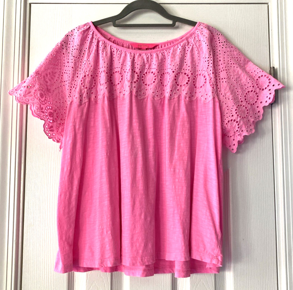 Womens Lilly Pulitzer Pink Shandy S/S Knit Cotton Eyelet Lace Top Large Perfect!