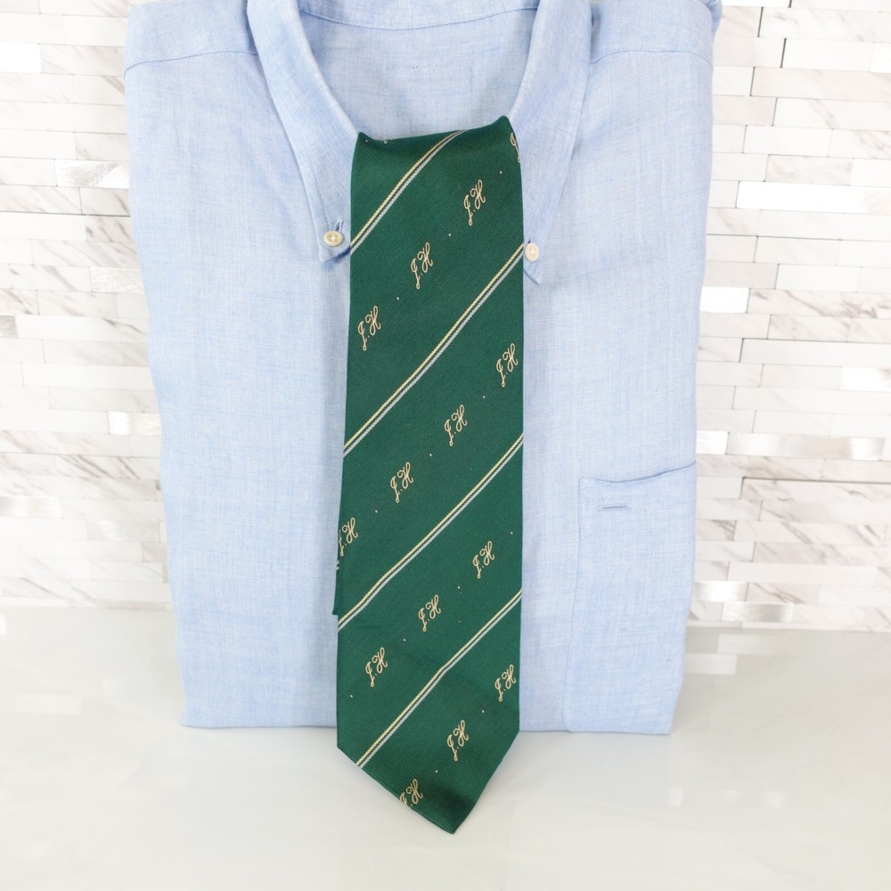 J Hiyashi Neck Tie Mens Green Striped Silk Luxury Suit Dress Logo Japan