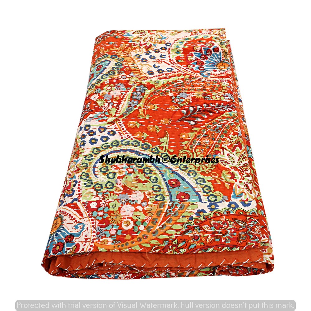 Bohemian Paisley Print Throw Blanket Hippie Queen Size Kantha Bedding Bedspread