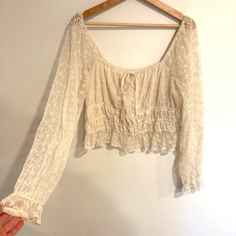 Y2K Sheer Ruffle White Lace Crop Top Womens M Fairy Cottagecore Boho Festival
