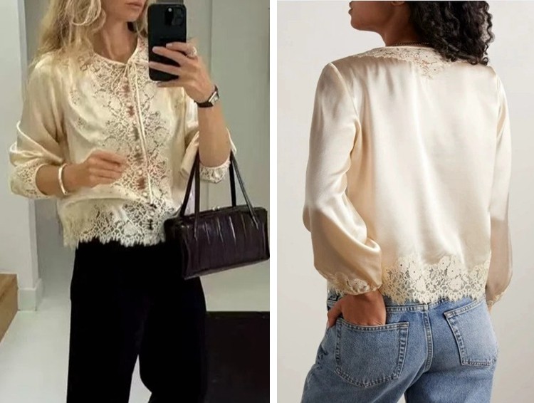 Women Doen Tie Neck Lace Lantern Sleeve Shirt Top
