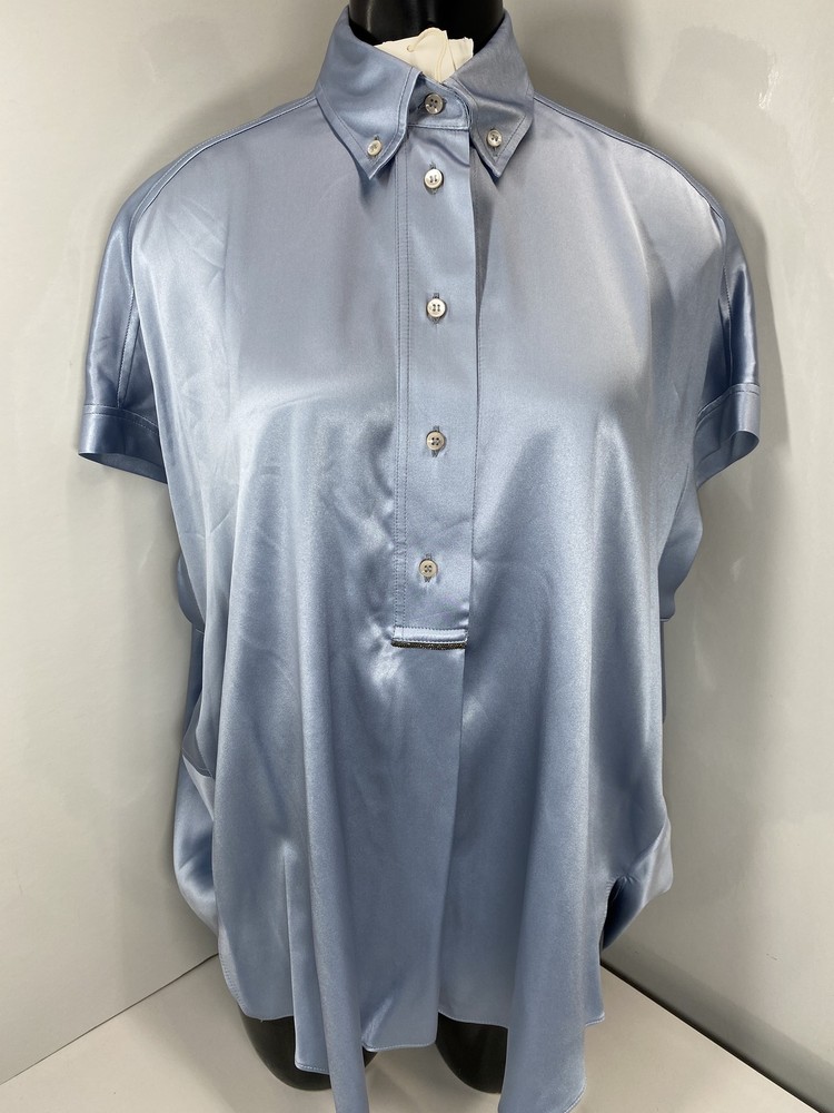 Brunello Cucinelli Womens Blouse Lake Blue Size XS Silk Short Sleeve Shirt Top