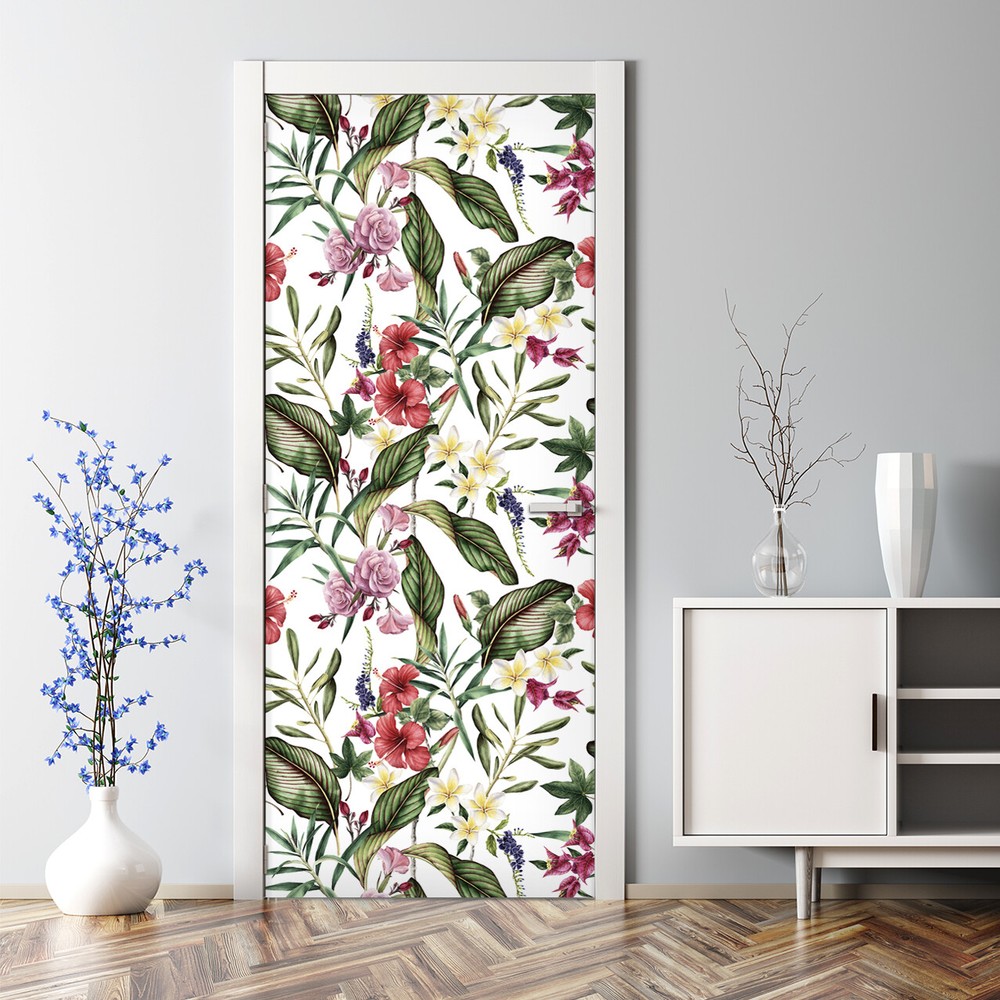 Tropical Flowers Bubble Free | Garden Floral Mural | Seamless pattern Door Decal