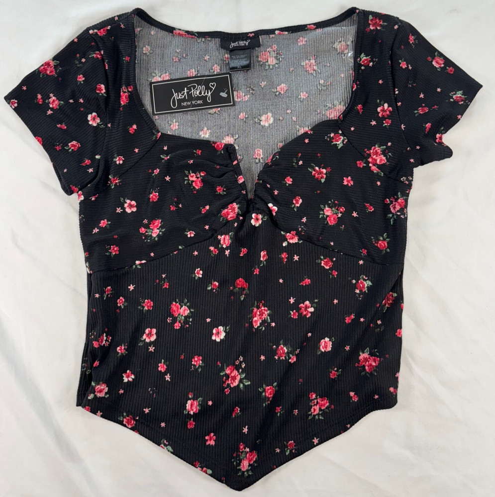 Floral Blouse Size XL BlackCap Just Polly New York Sleeve Crop Length **NEW**