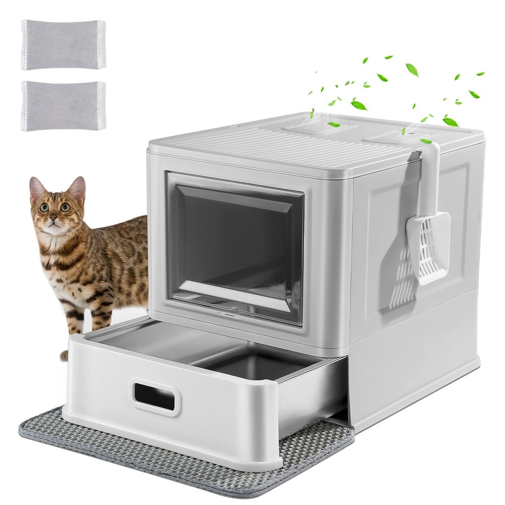 Enclosed Stainless Steel Cat Litter Box with Lid & Drawer Design for Indoor A...