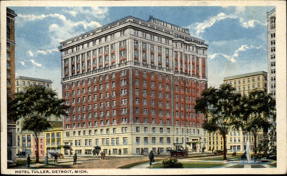 Michigan Detroit Hotel Tuller antique car fountain ~ 1920s vintage postcard