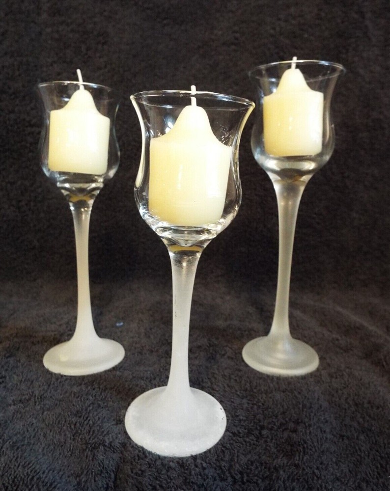 Partylite Iced Crystal Frosted Stem Glass Votive Tealight holders set of 3 P9248
