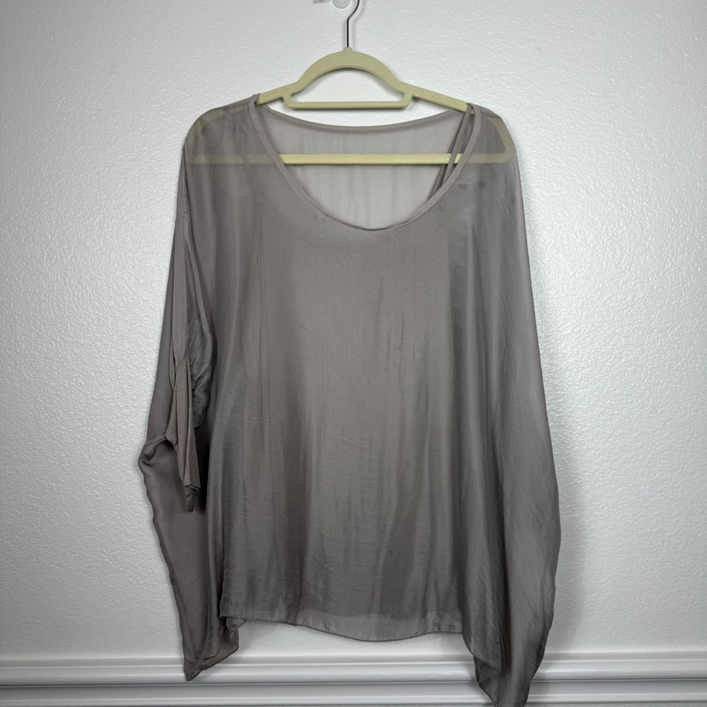 Sofia Silk Blend Tunic Top Women One Size Gray Dolman Sleeve Italy Sheer Layer