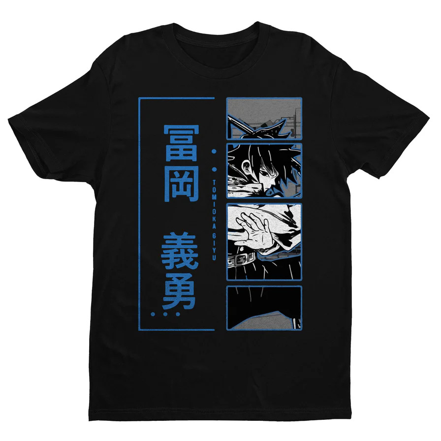 Anime Tomioka Giyu Blue Demon Slayer Black T Shirt Size S - 5XL