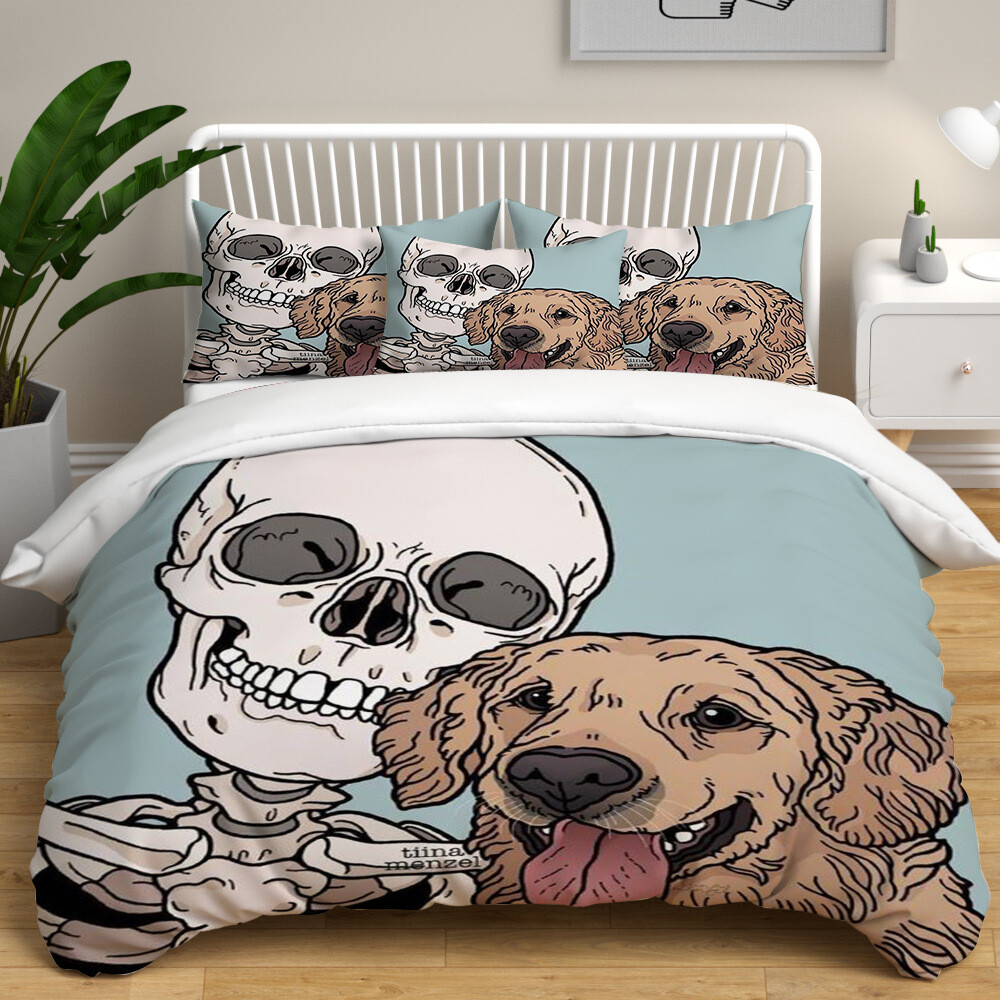 Skeleton and Beloved Dog Duvet Quilt Cover Queen Comfortable Bedding Set