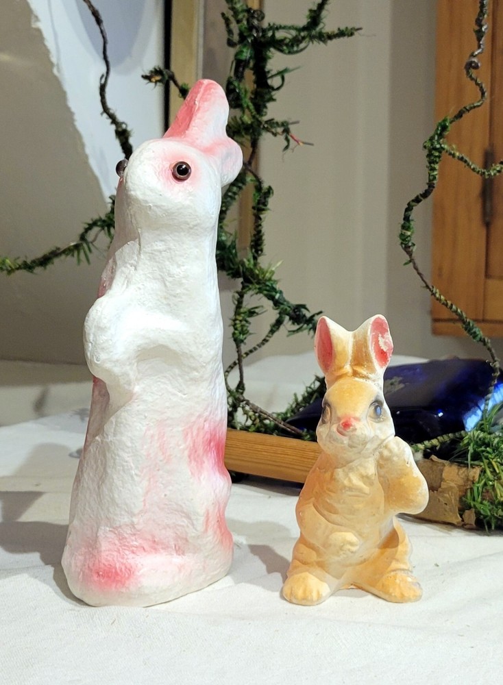 Two Chalkware Rabbits. One with Glass Eyes. 1950s, US made and molded.