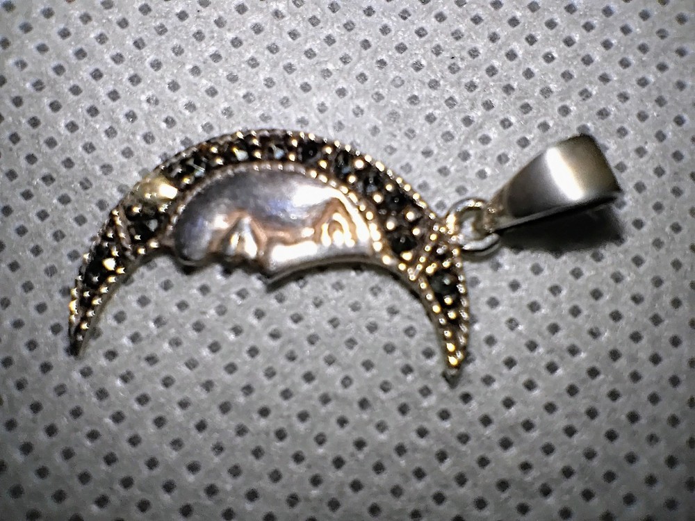 Vintage Sterling Silver Marcasite Moon Pin Man in Moon Crescent Pendant 925
