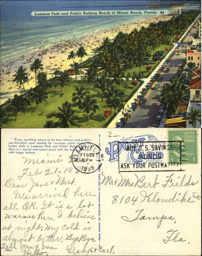 Lummus Park and Public Bathing Beach Miami Beach Florida FL 1930s mailed 1939