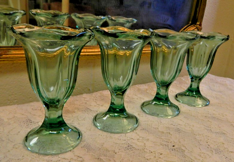 Vintage Mid Century Blue Green Tulip Parfait Dessert Dishes Set of 4